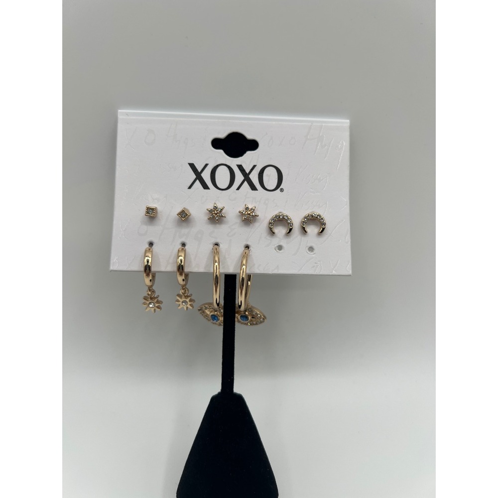 XOXO Gold Tone Earring Set Star Moon Evil Eye Sun Studs and Hoops 5 Pairs